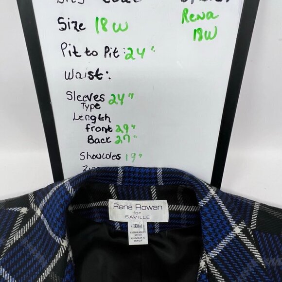 Y2K Rena Rowan Wool Tartan Plaid Button Blazer Size 18W Blue Black Shoulder Pads - Picture 8 of 16